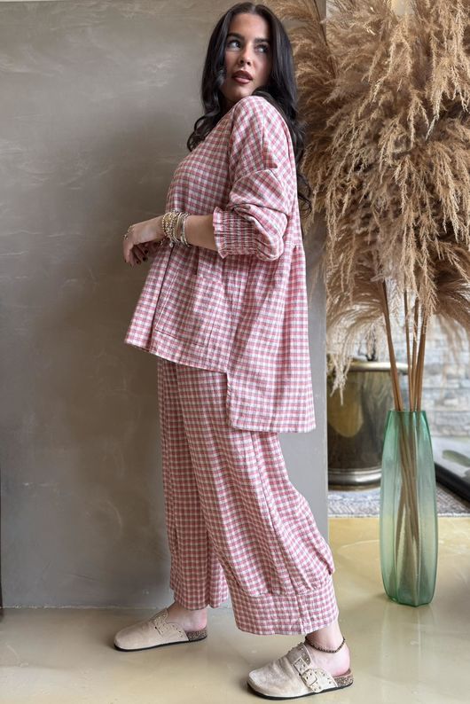 Annie Gingham Peter Pan Smock Blouse Soft Coral